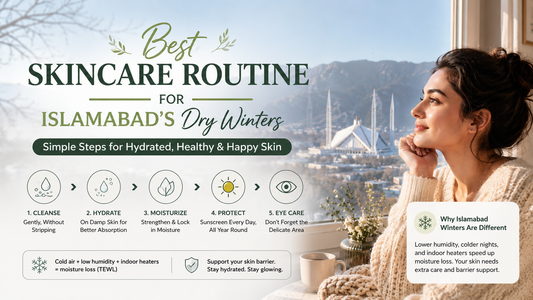 Best skincare routine for Islamabad’s dry winters, featuring a woman by a window with Islamabad’s winter landscape and five skincare essentials: cleanse, hydrate, moisturize, protect, and eye care.