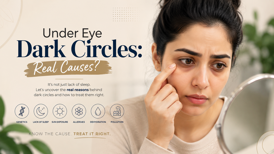 Under-eye dark circles shown on a woman examining her eye area, with key causes highlighted including genetics, lack of sleep, sun exposure, allergies, dehydration, and pollution.