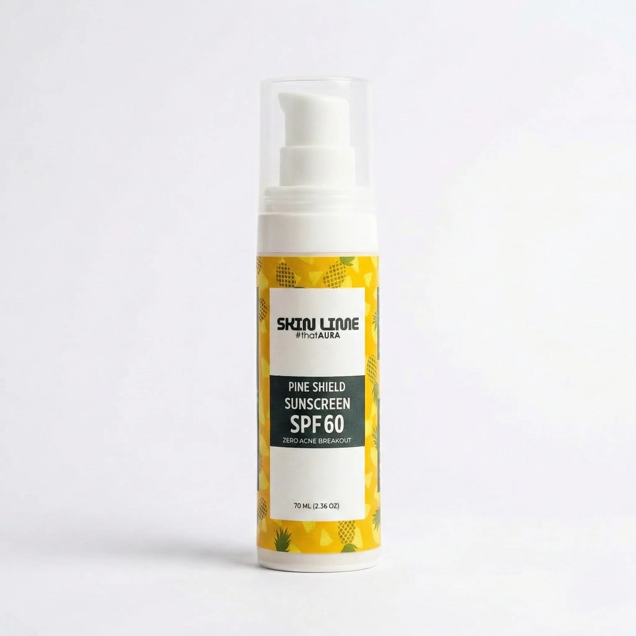 Sunscreen spf60 skinlime bottle with pineapple design on a white background0